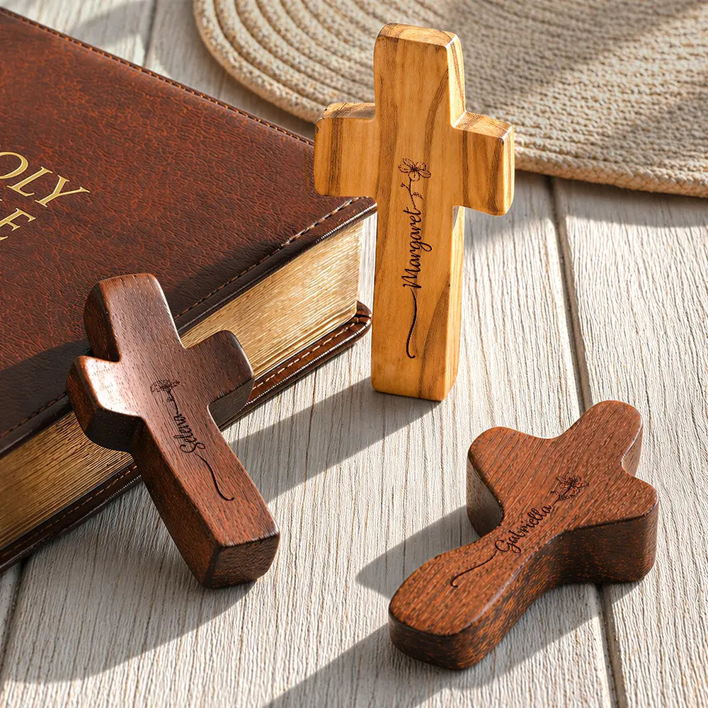 Birth Flower With Name - Personalized Wooden Pocket Prayer Cross
