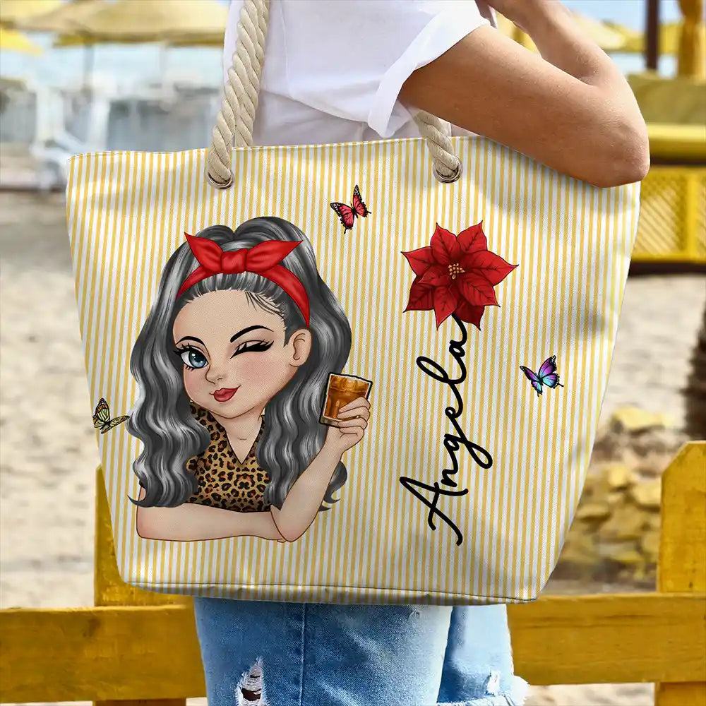 Birth Month Flower Turban Woman Stripe Pattern - Personalized Beach Bag
