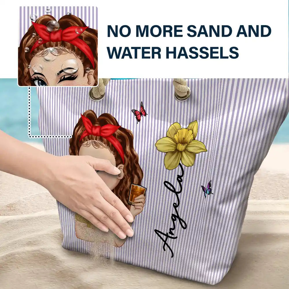 Birth Month Flower Turban Woman Stripe Pattern - Personalized Beach Bag
