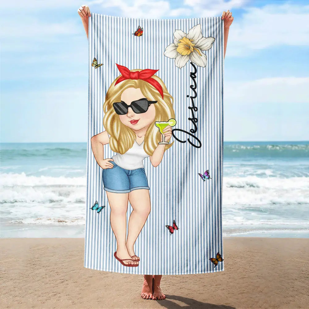 Birth Month Flower Turban Woman Stripe Pattern - Personalized Beach Towel