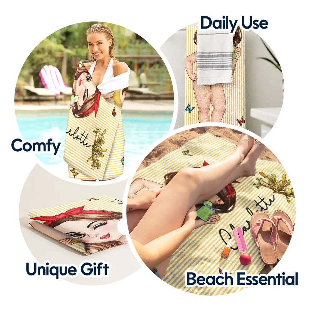 Birth Month Flower Turban Woman Stripe Pattern - Personalized Beach Towel