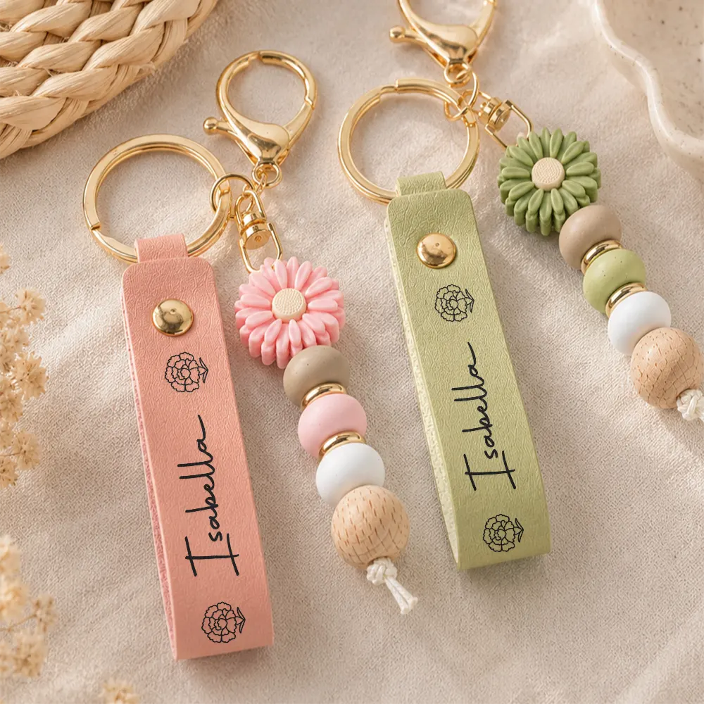 Birth Month Flower Woman Name - Personalized Leather Beaded Keychain