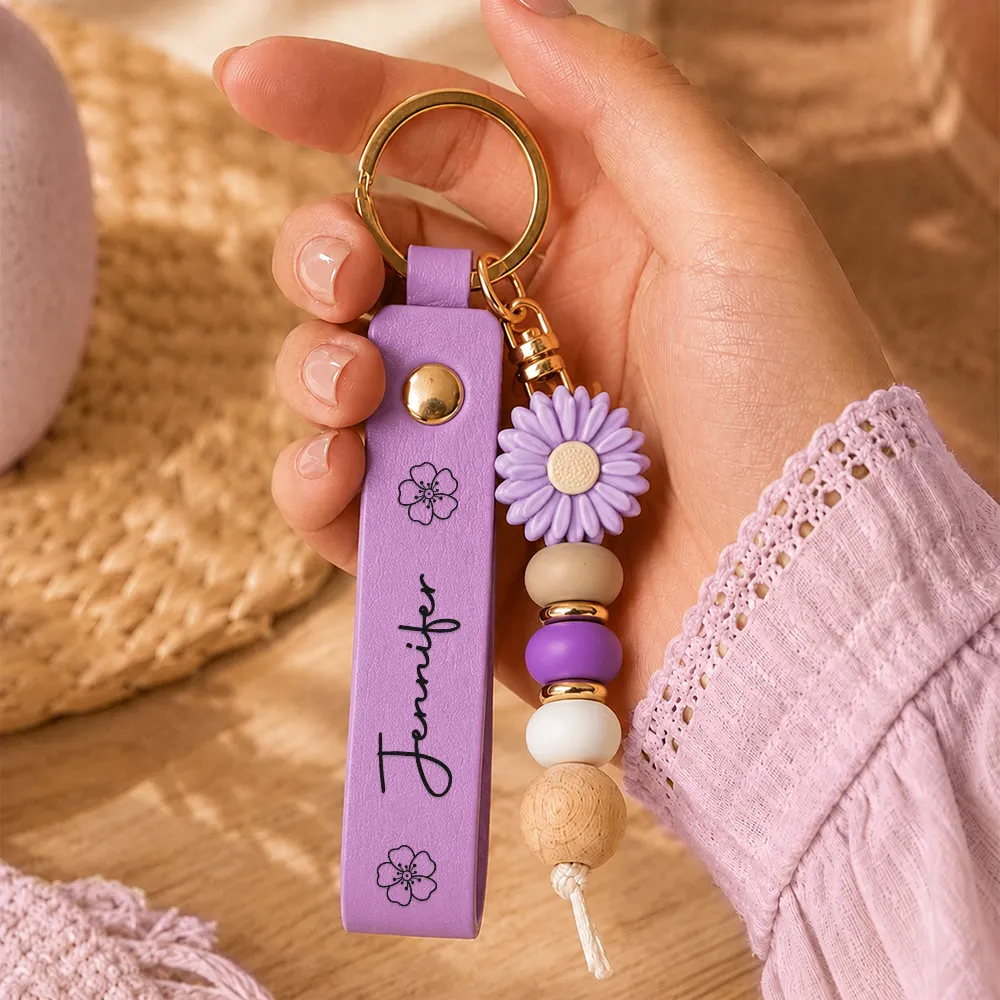 Birth Month Flower Woman Name - Personalized Leather Beaded Keychain
