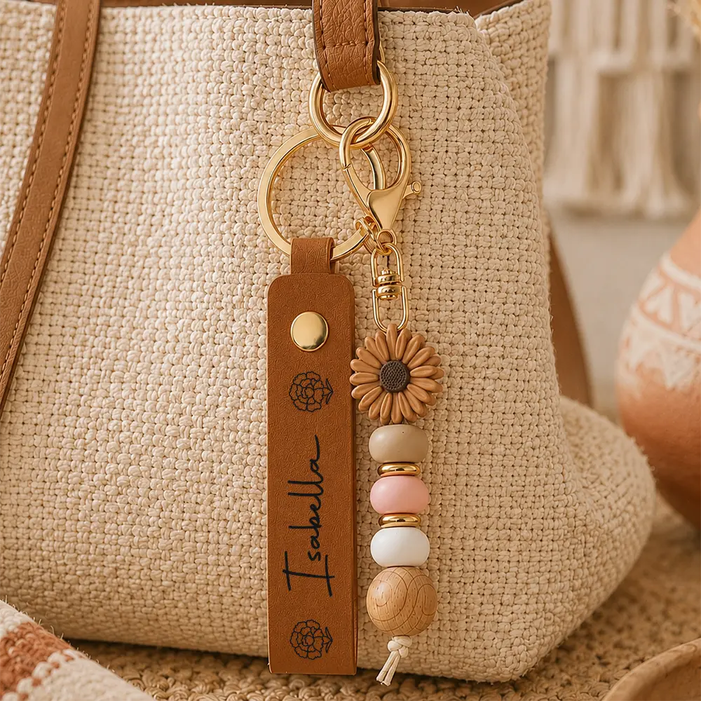 Birth Month Flower Woman Name - Personalized Leather Beaded Keychain