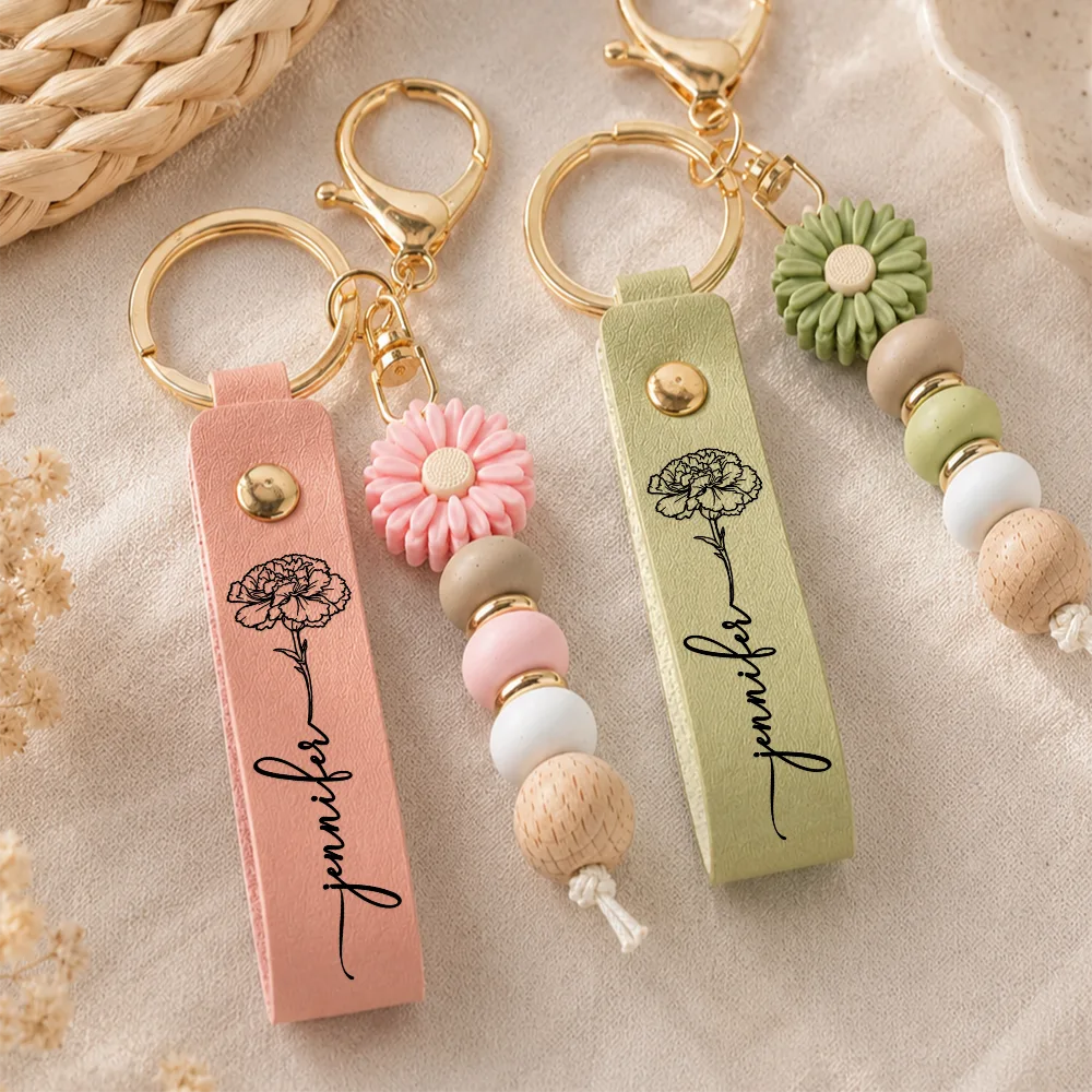 Birth Month Flowers Sketch Bloom Where You're Planted - Personalized Leather Beaded Keychain