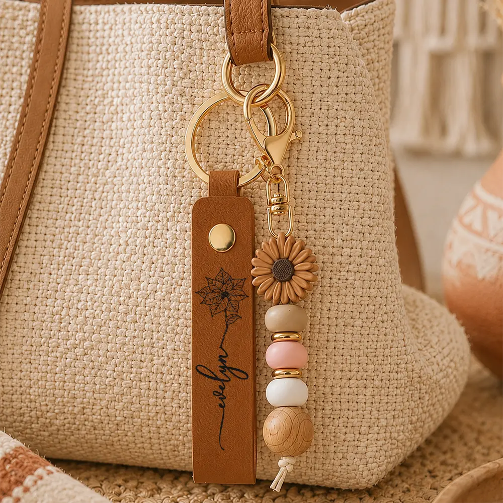 Birth Month Flowers Sketch Bloom Where You're Planted - Personalized Leather Beaded Keychain