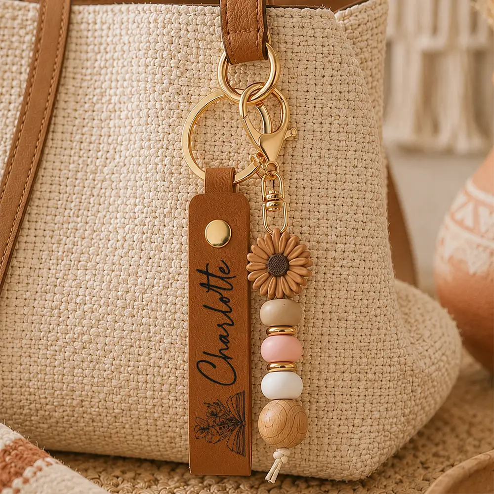 Books Birth Month Flower - Personalized Leather Beaded Keychain