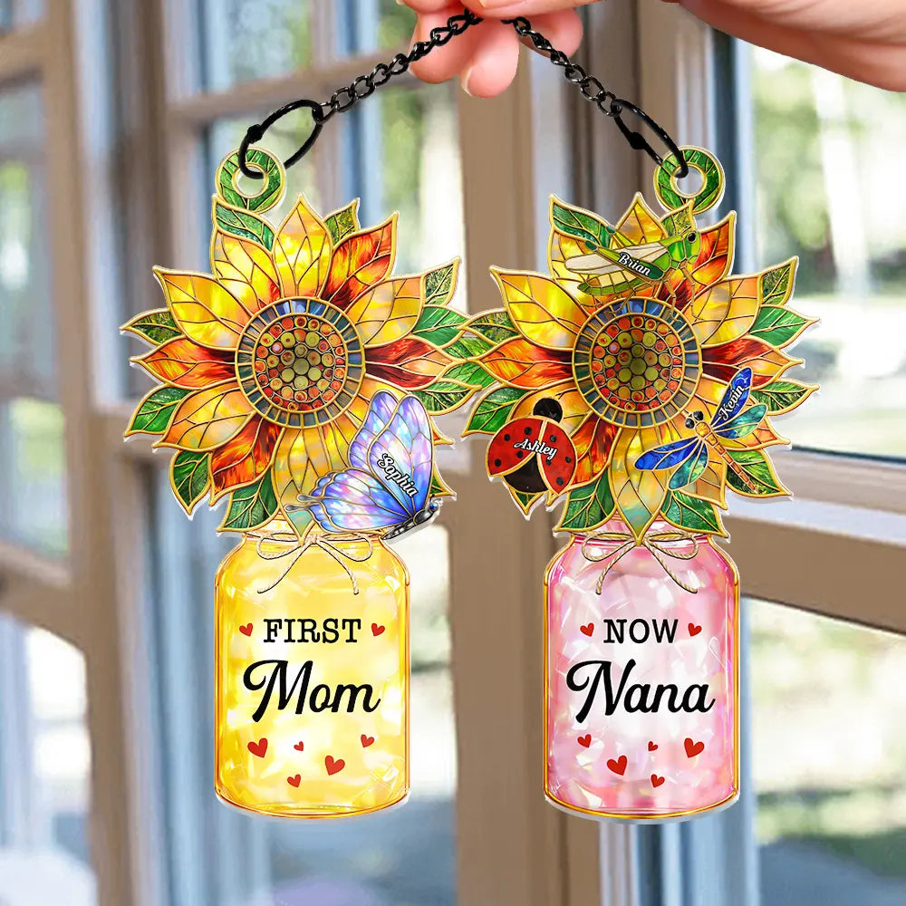 First Mom Now Grandma Sunflower Love Bugs - Personalized Window Hanging Suncatcher Ornament