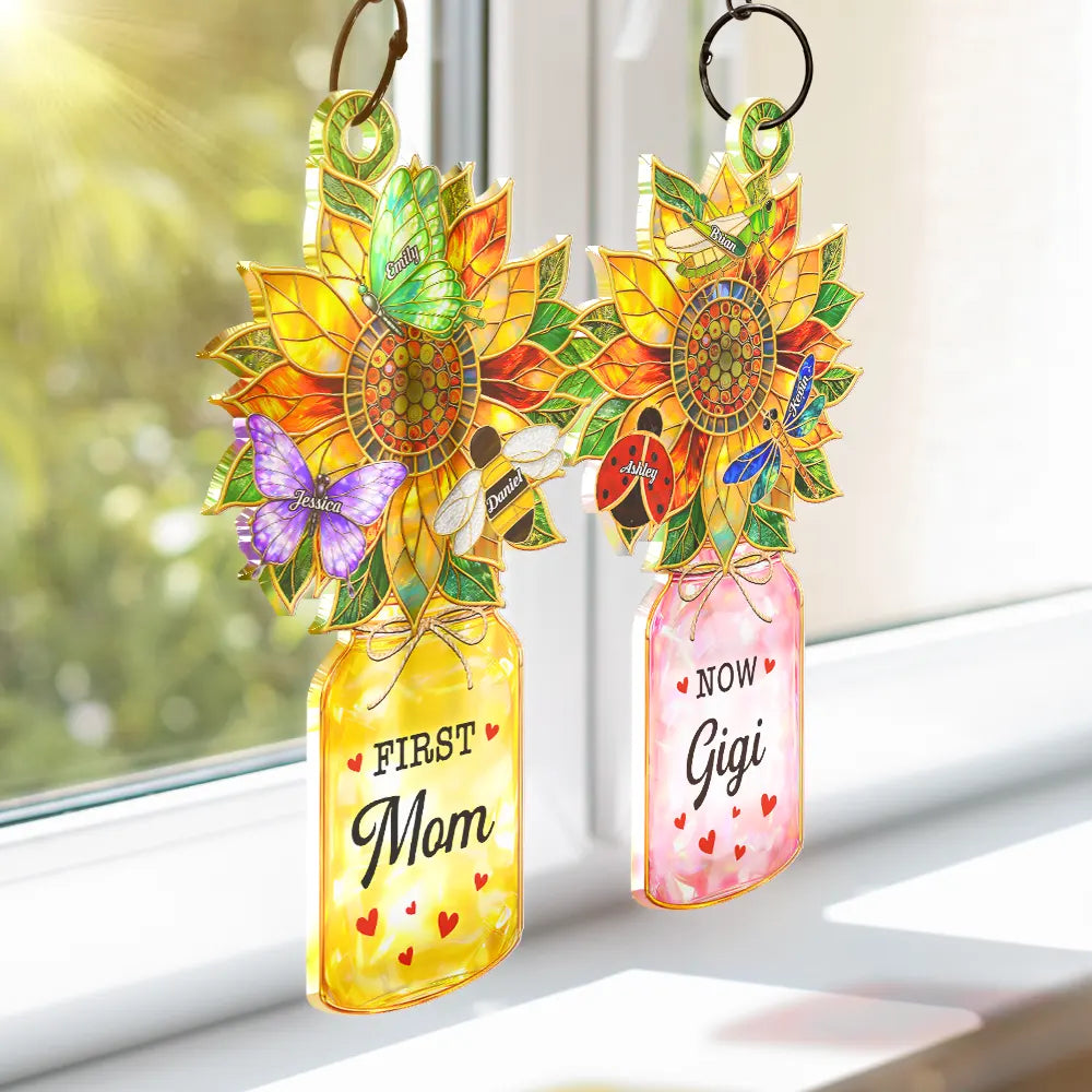 First Mom Now Grandma Sunflower Love Bugs - Personalized Window Hanging Suncatcher Ornament