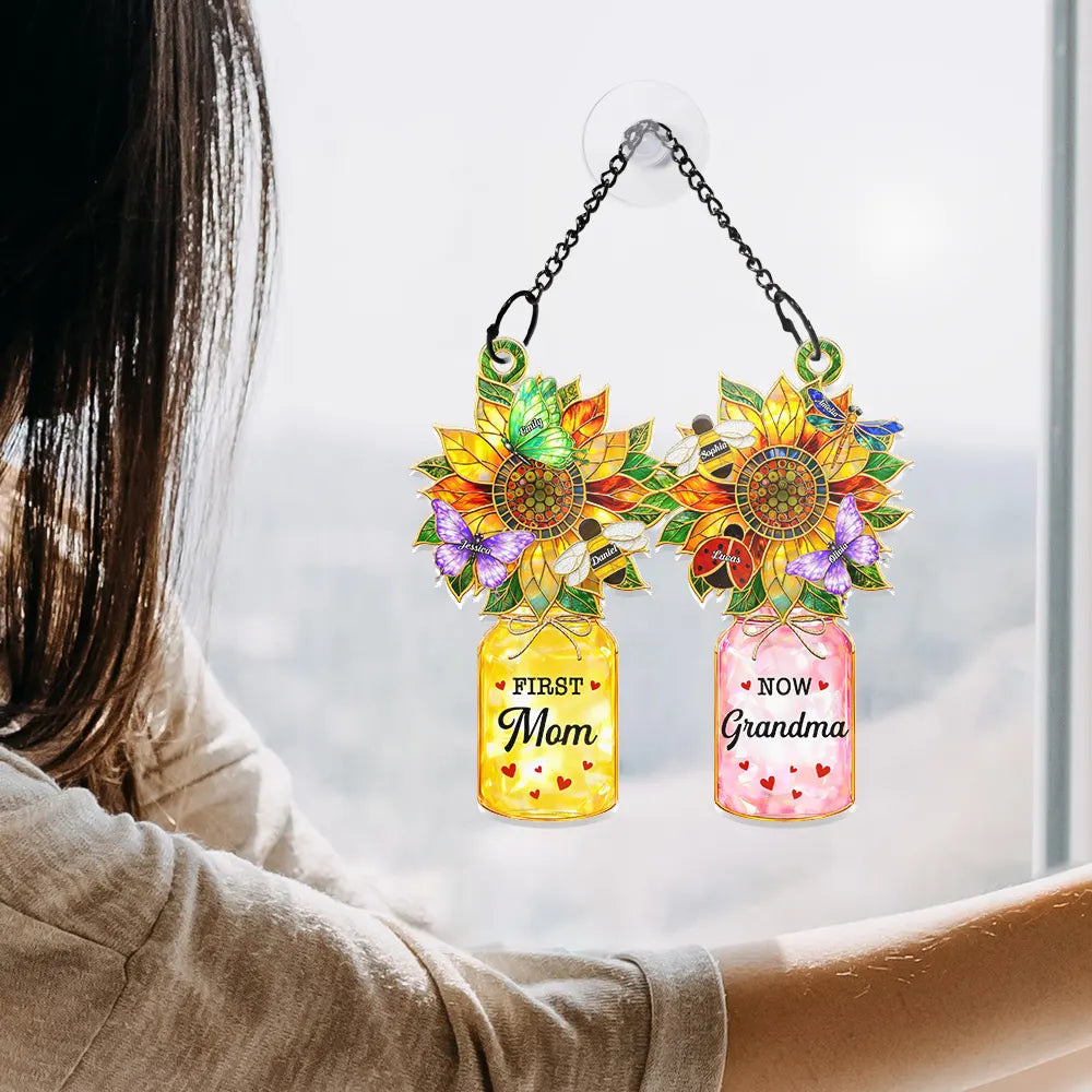First Mom Now Grandma Sunflower Love Bugs - Personalized Window Hanging Suncatcher Ornament