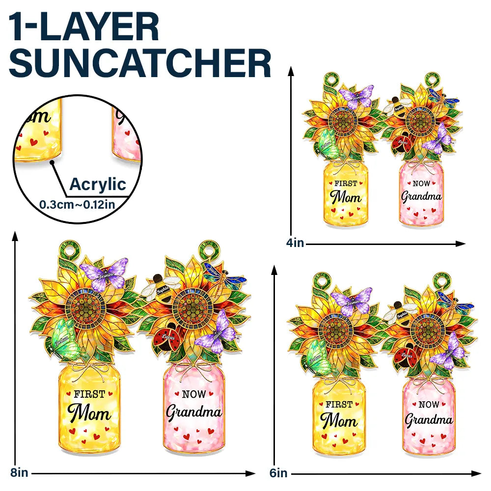 First Mom Now Grandma Sunflower Love Bugs - Personalized Window Hanging Suncatcher Ornament