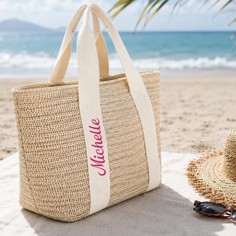 Colorful Name In Style - Personalized Straw Beach Bag