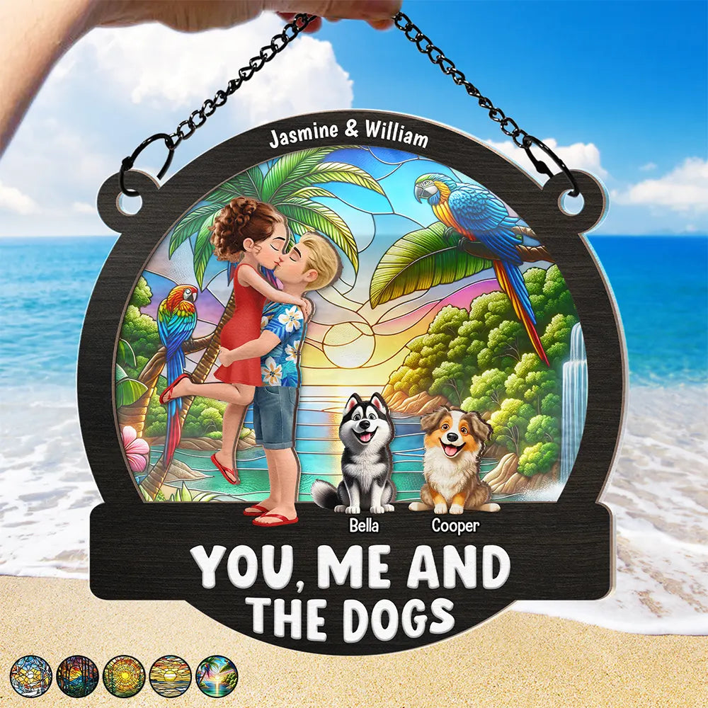 Couple Hugging You & Me And The Dogs - Personalized Window Hanging Suncatcher Ornament