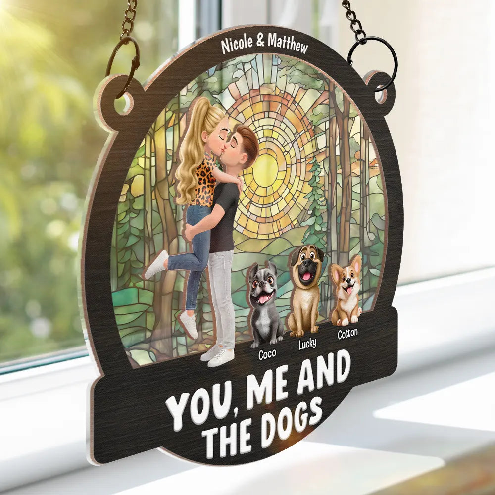 Couple Hugging You & Me And The Dogs - Personalized Window Hanging Suncatcher Ornament