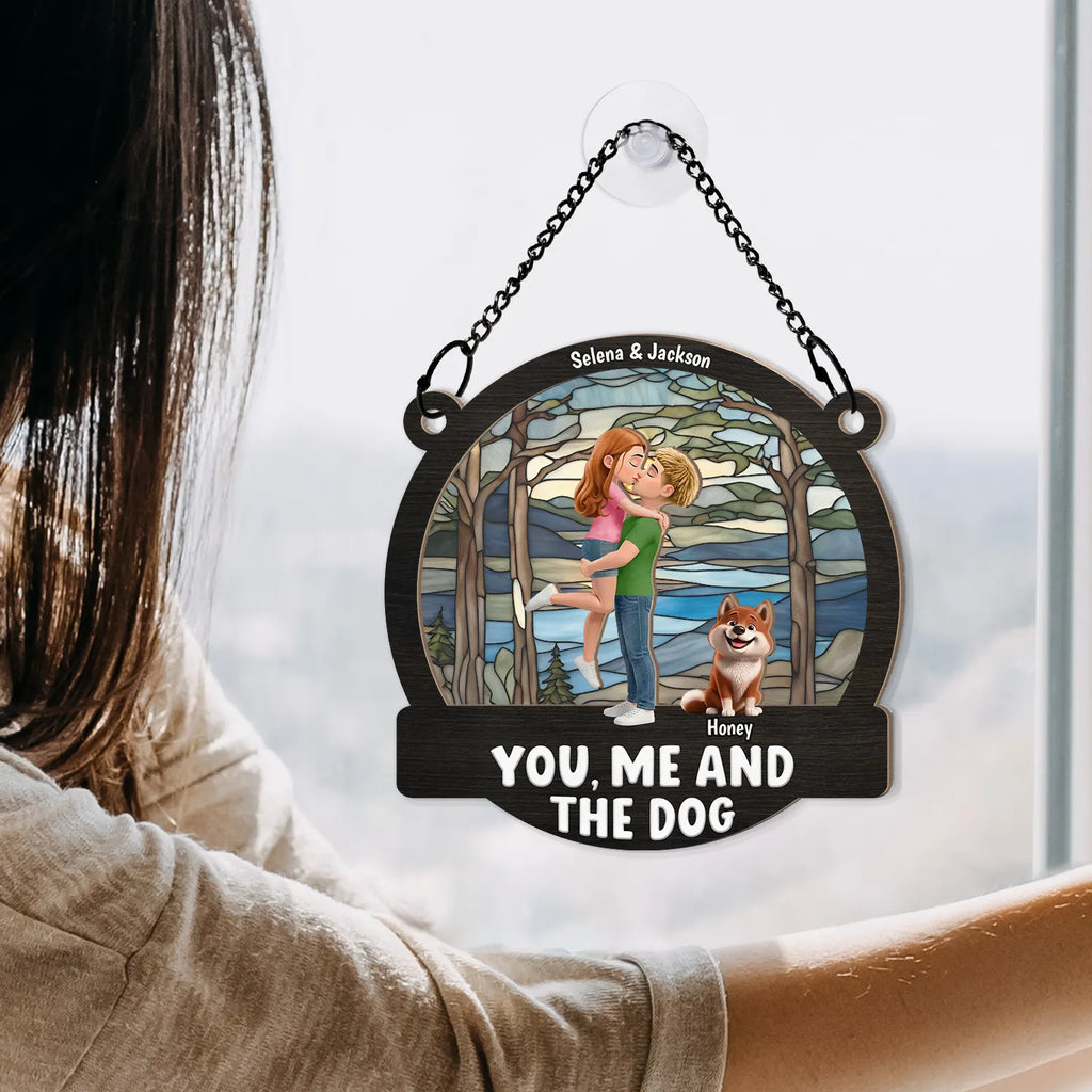 Couple Hugging You & Me And The Dogs - Personalized Window Hanging Suncatcher Ornament