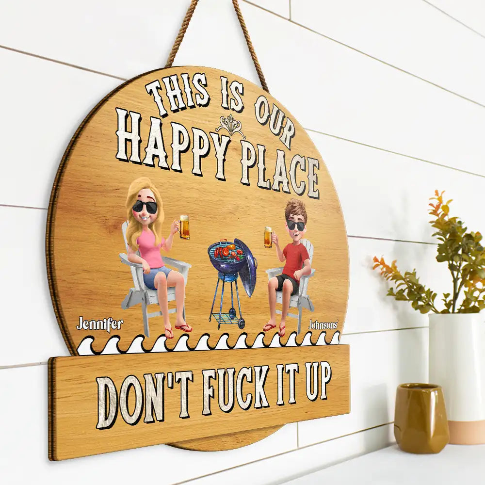 Couple Patio Poolside This Is Our Happy Place - Personalized Custom Shaped Wood Sign