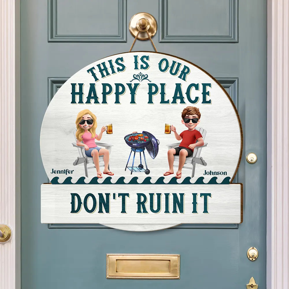 Couple Patio Poolside This Is Our Happy Place - Personalized Custom Shaped Wood Sign