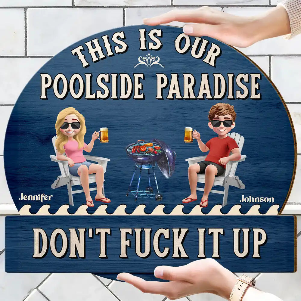 Couple Patio Poolside This Is Our Happy Place - Personalized Custom Shaped Wood Sign