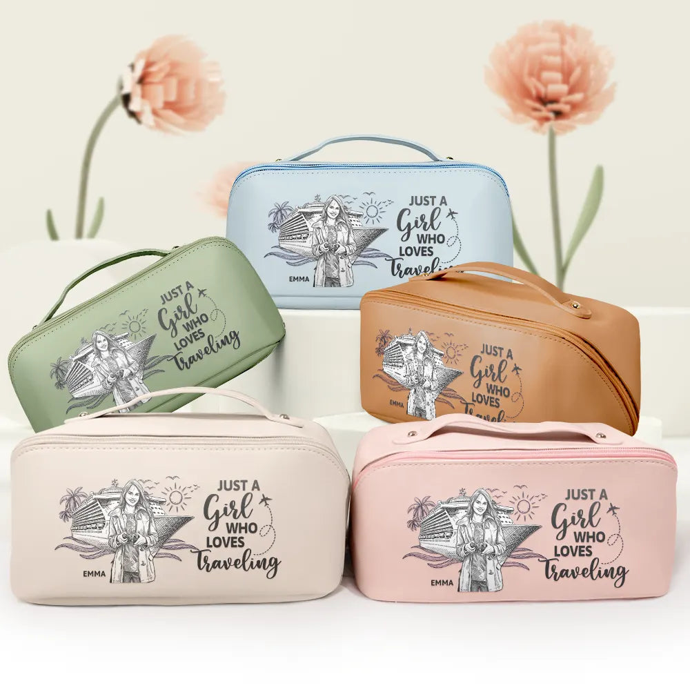 Custom Photo Pencil Sketch Art Travel All My Cruise Crap - Personalized Leather Makeup Bag