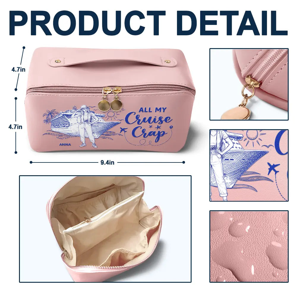 Custom Photo Pencil Sketch Art Travel All My Cruise Crap - Personalized Leather Makeup Bag