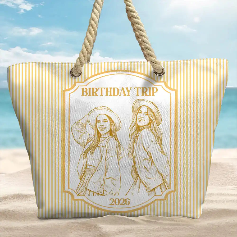 Custom Photo Pencil Sketch Girls Trip Bestie - Personalized Beach Bag