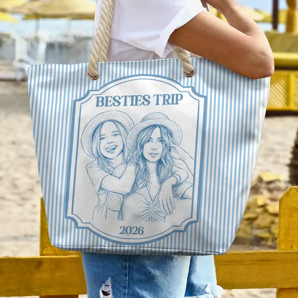 Custom Photo Pencil Sketch Girls Trip Bestie - Personalized Beach Bag