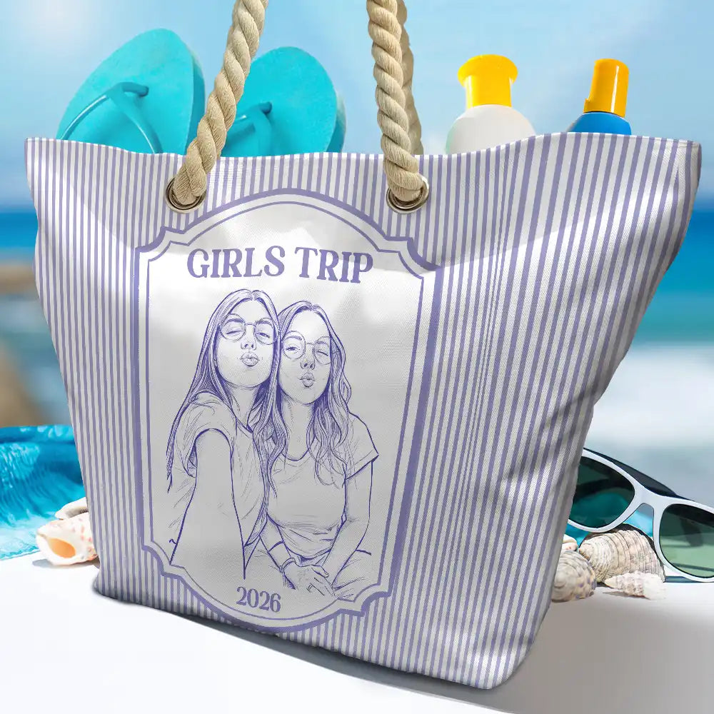 Custom Photo Pencil Sketch Girls Trip Bestie - Personalized Beach Bag