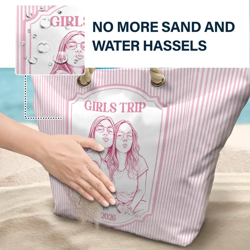 Custom Photo Pencil Sketch Girls Trip Bestie - Personalized Beach Bag