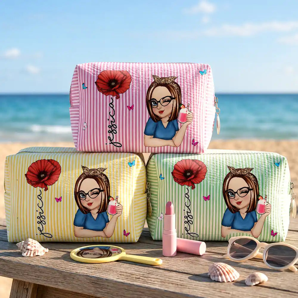 Custom Birth Flower And Name For Her - Personalized Striped Cosmetic Bag