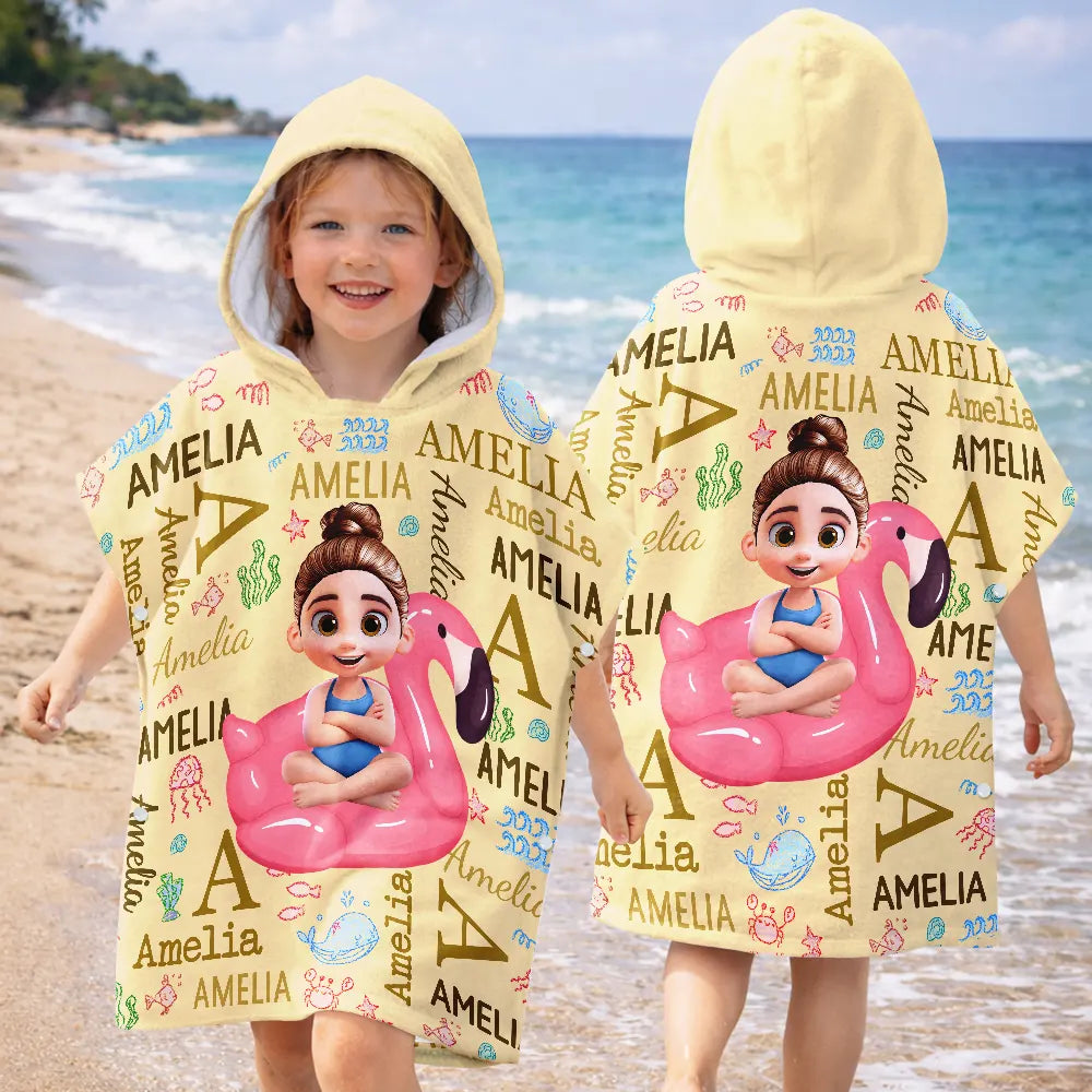 Custom Kids Name Summer Swim Ring - Personalized Kids Hooded Poncho Towel