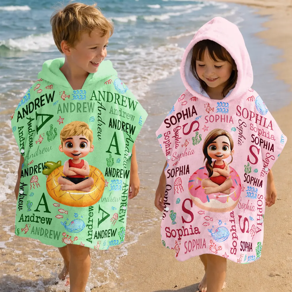 Custom Kids Name Summer Swim Ring - Personalized Kids Hooded Poncho Towel
