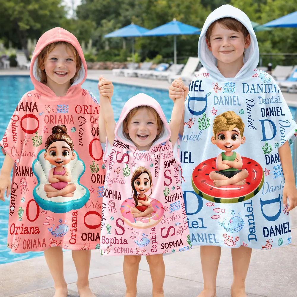 Custom Kids Name Summer Swim Ring - Personalized Kids Hooded Poncho Towel