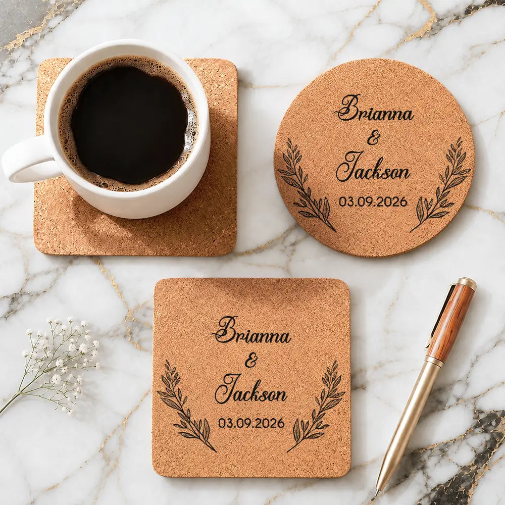 Custom Name And Date Wedding Favors - Personalized Cork Coaster