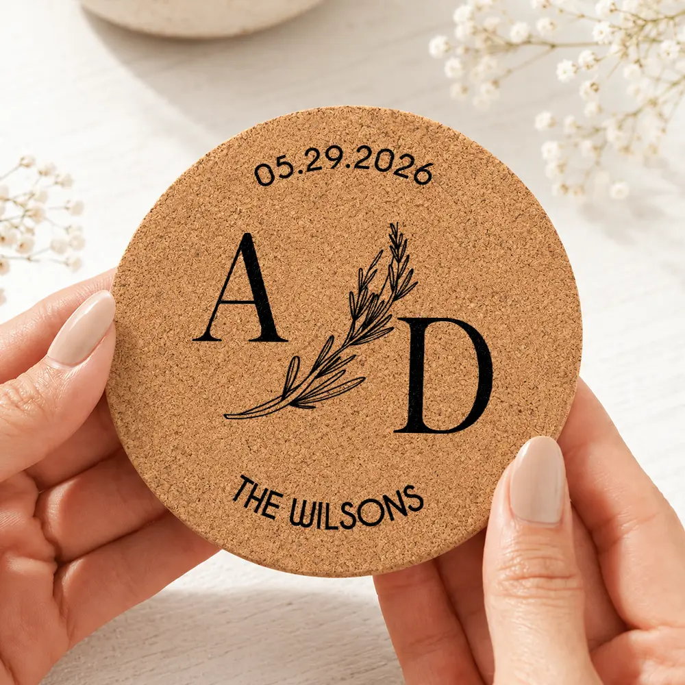 Custom Name And Date Wedding Favors - Personalized Cork Coaster