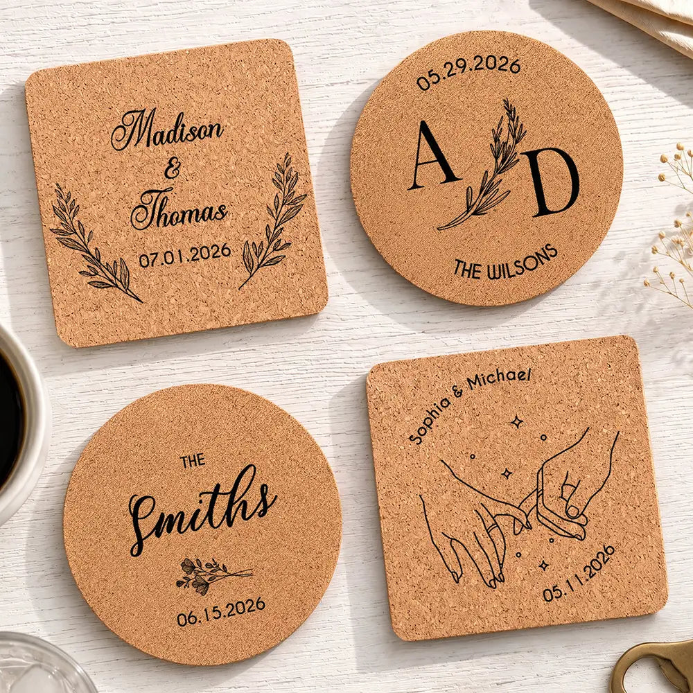 Custom Name And Date Wedding Favors - Personalized Cork Coaster