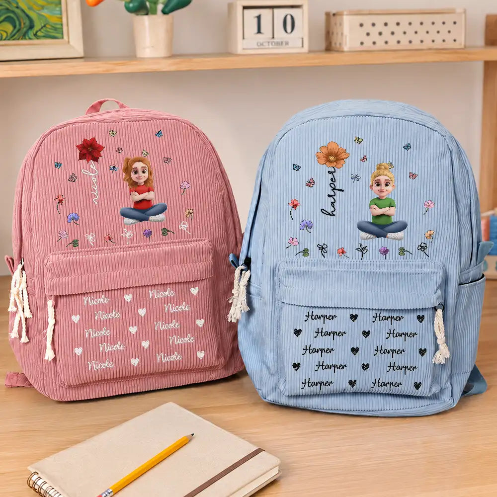 Custom Name Birth Flower Cartoon Character - Personalized Corduroy Backpack