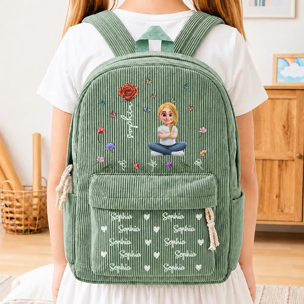 Custom Name Birth Flower Cartoon Character - Personalized Corduroy Backpack
