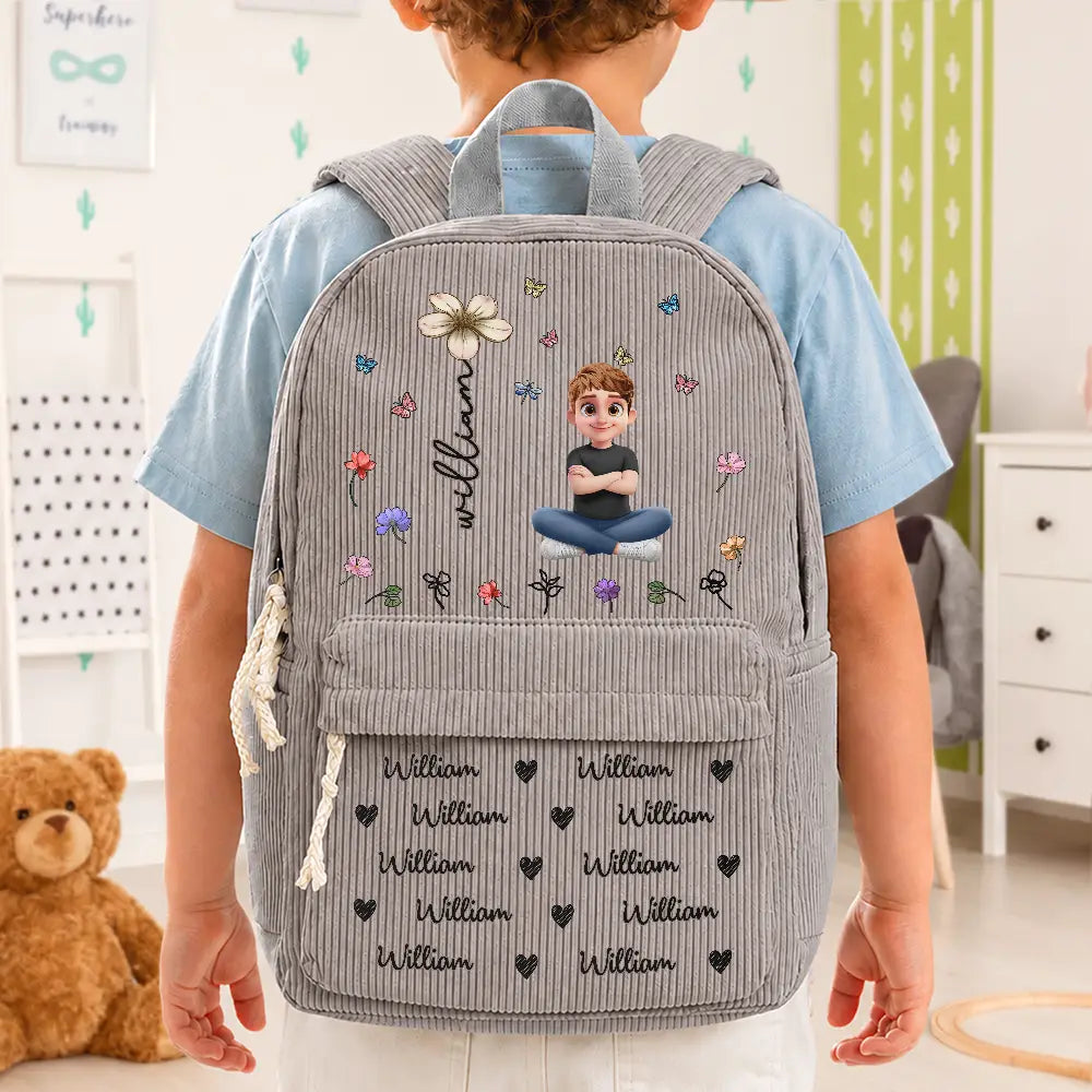 Custom Name Birth Flower Cartoon Character - Personalized Corduroy Backpack