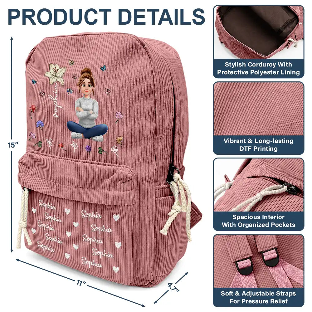 Custom Name Birth Flower Cartoon Character - Personalized Corduroy Backpack