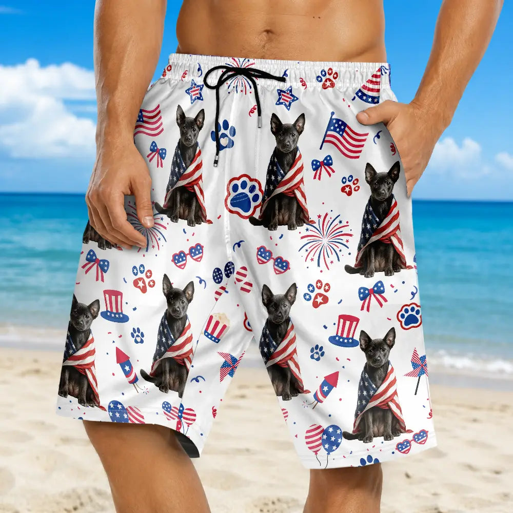 Custom Photo 3D Cartoon With US Accessories Happy Summer Dog Cat Pet - Personalized Unisex Beach Shorts