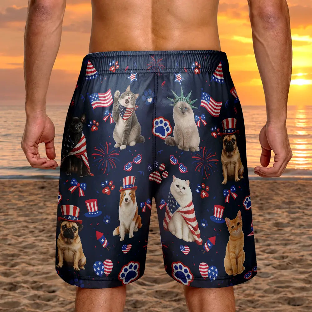 Custom Photo 3D Cartoon With US Accessories Happy Summer Dog Cat Pet - Personalized Unisex Beach Shorts