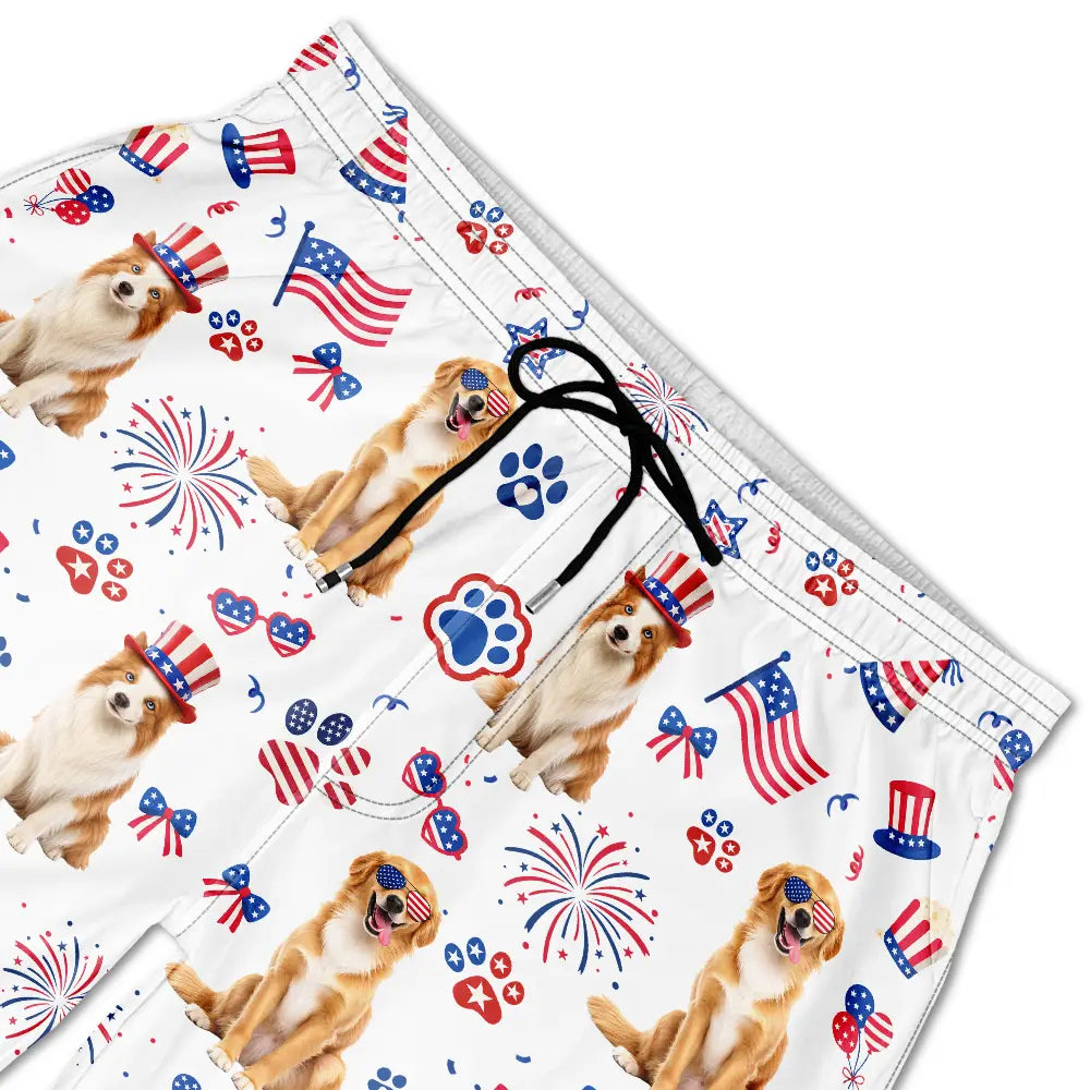 Custom Photo 3D Cartoon With US Accessories Happy Summer Dog Cat Pet - Personalized Unisex Beach Shorts