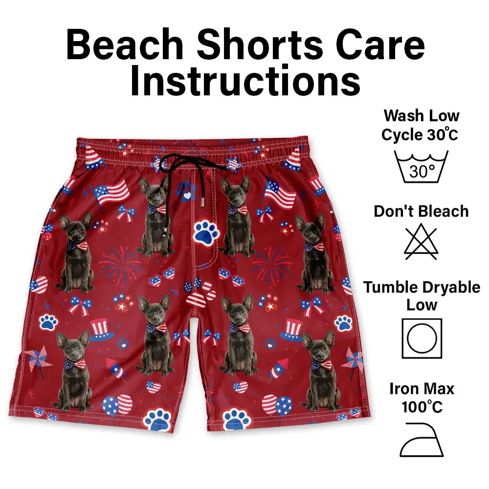 Custom Photo 3D Cartoon With US Accessories Happy Summer Dog Cat Pet - Personalized Unisex Beach Shorts