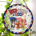 Custom Photo 3D Cartoon With US Accessories Red White Woof - Personalized Stained Glass Window Hanging Suncatcher