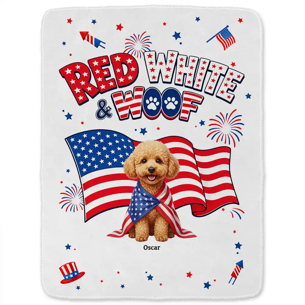 Custom Photo 3D Cartoon With US Accessories Red White Woof - Personalized Fleece Blanket, Sherpa Blanket