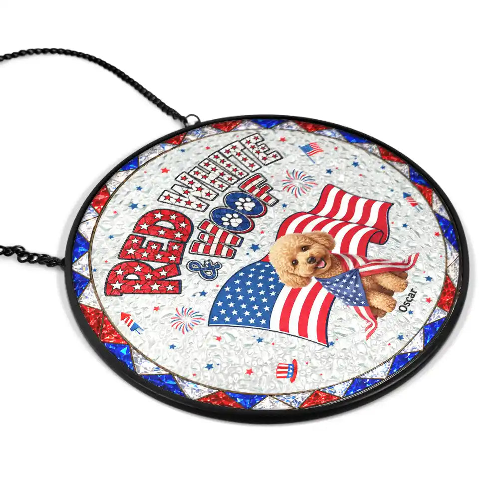 Custom Photo 3D Cartoon With US Accessories Red White Woof - Personalized Stained Glass Window Hanging Suncatcher