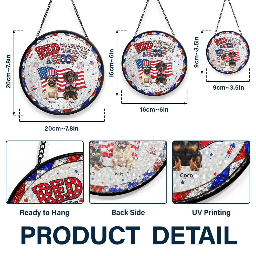 Custom Photo 3D Cartoon With US Accessories Red White Woof - Personalized Stained Glass Window Hanging Suncatcher
