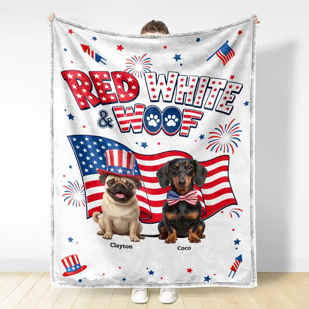 Custom Photo 3D Cartoon With US Accessories Red White Woof - Personalized Fleece Blanket, Sherpa Blanket