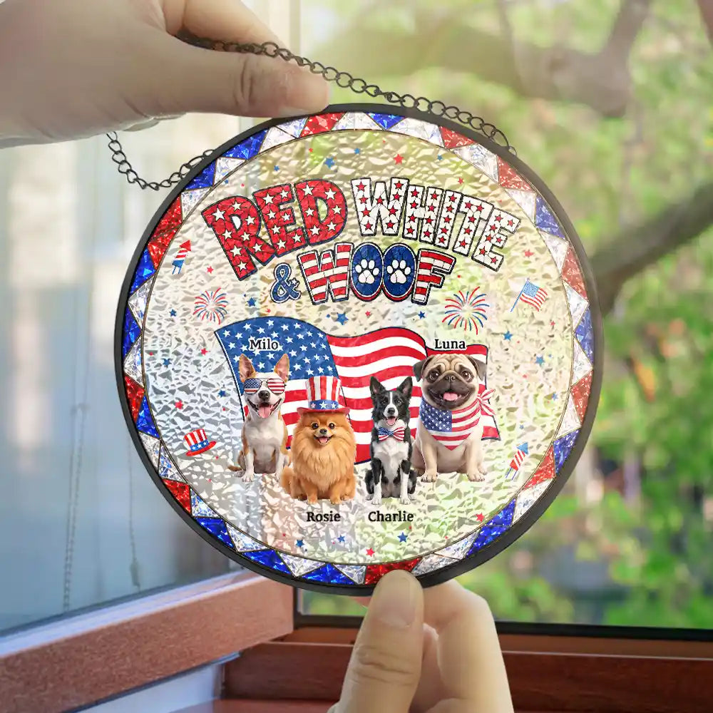Custom Photo 3D Cartoon With US Accessories Red White Woof - Personalized Stained Glass Window Hanging Suncatcher