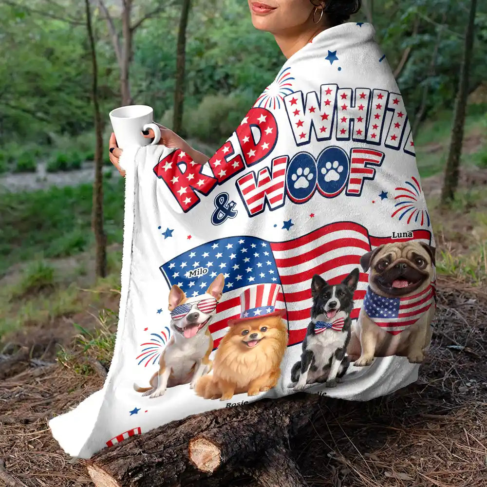 Custom Photo 3D Cartoon With US Accessories Red White Woof - Personalized Fleece Blanket, Sherpa Blanket